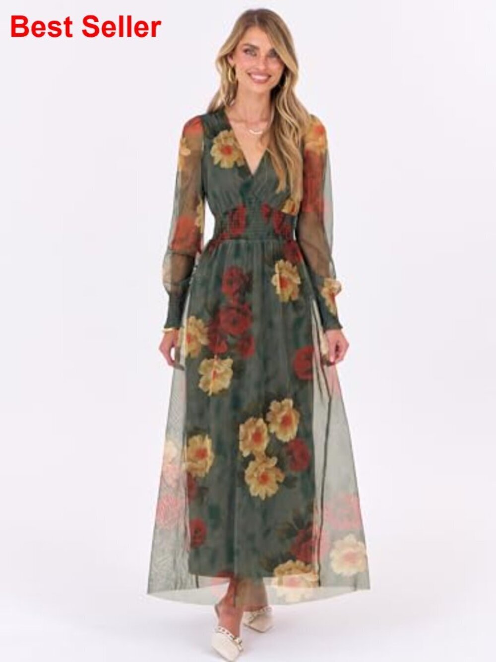 Floral Maxi Dress with Puff Sleeves, V-Neck, 100% Polyester - Picture 3 of 7